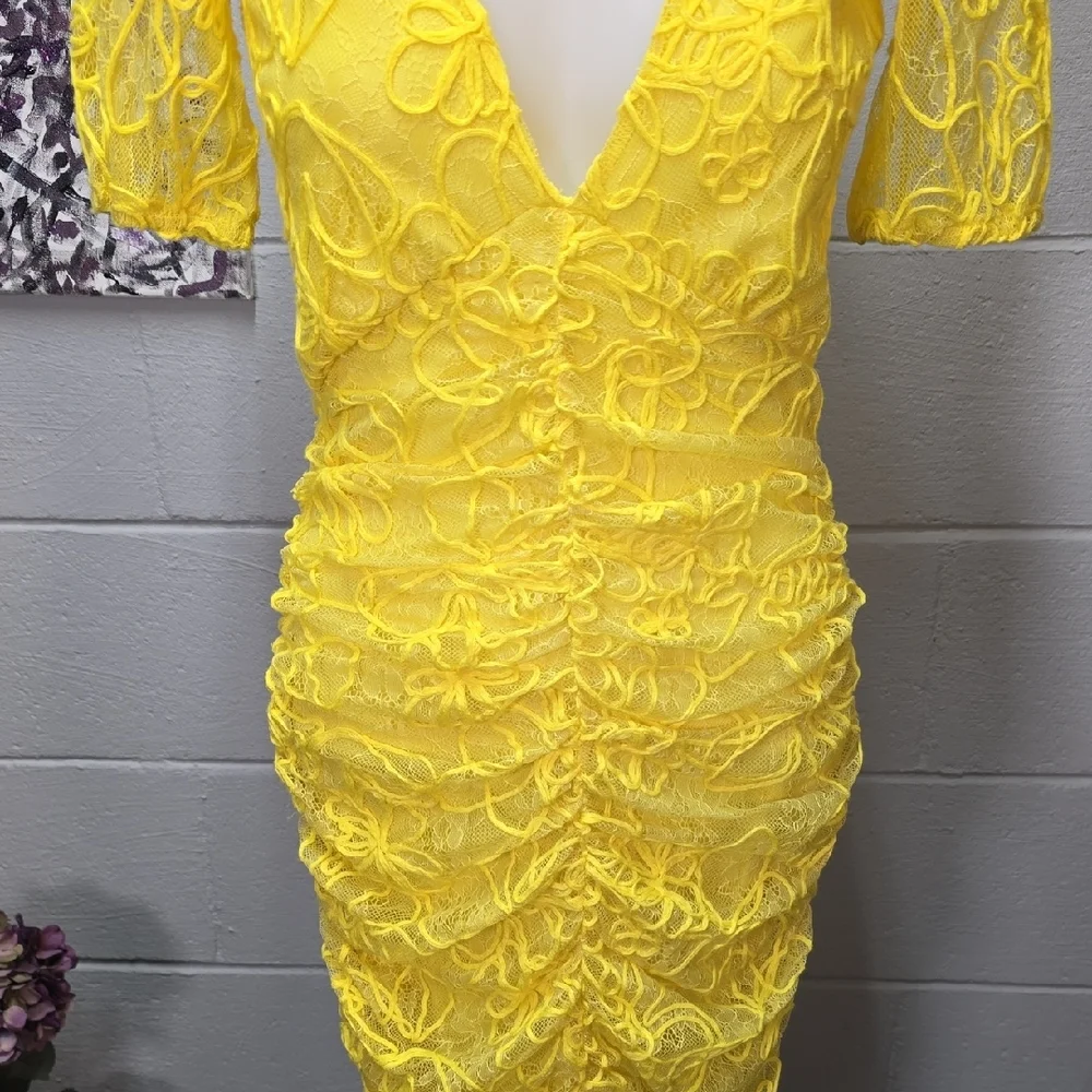 Zara Bright Yellow Ruched Lace Midi Dress - Picture 4 of 12